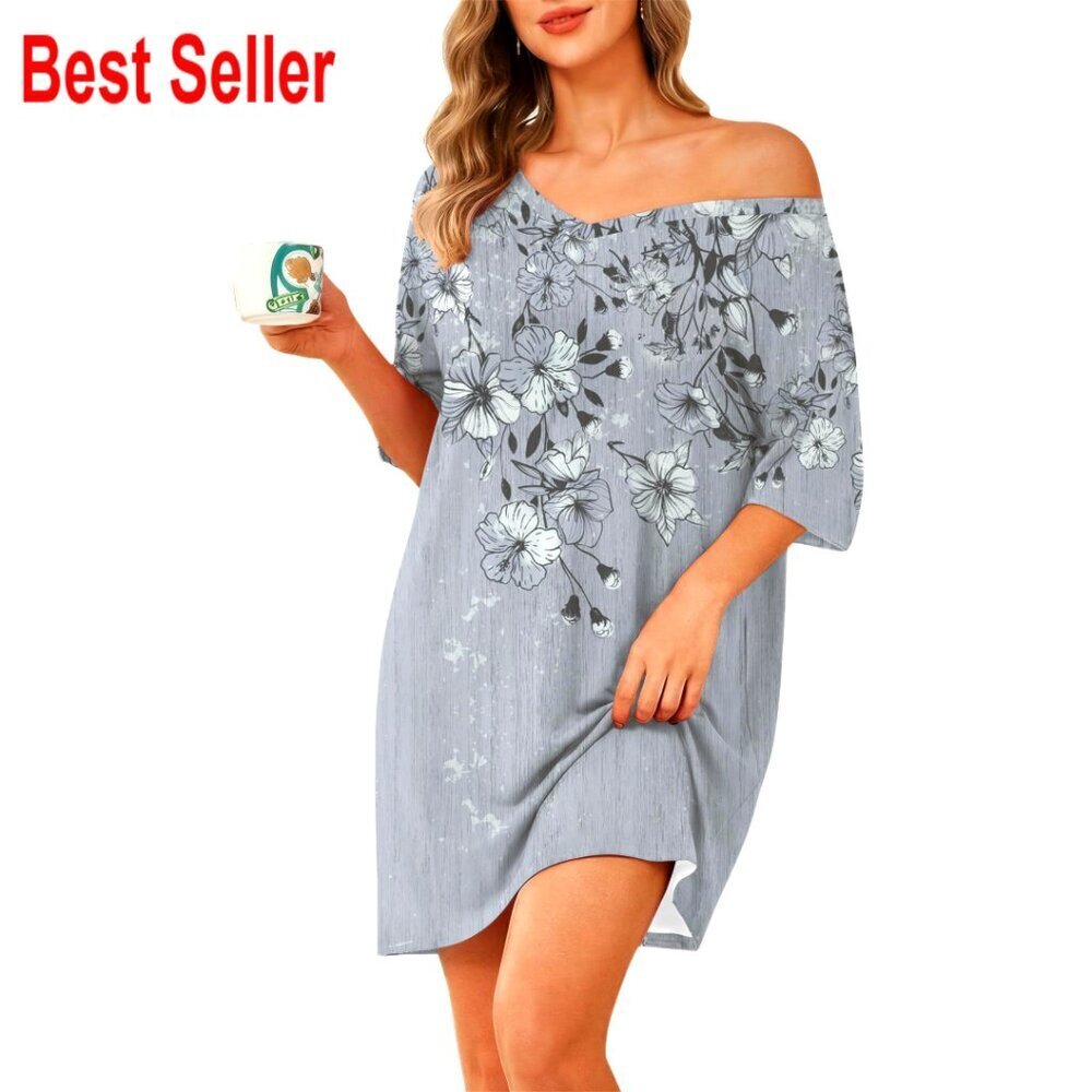 Oversized V-Neck Nightshirt Sleepwear Loose Fit Plus Size T-Shirt Dress